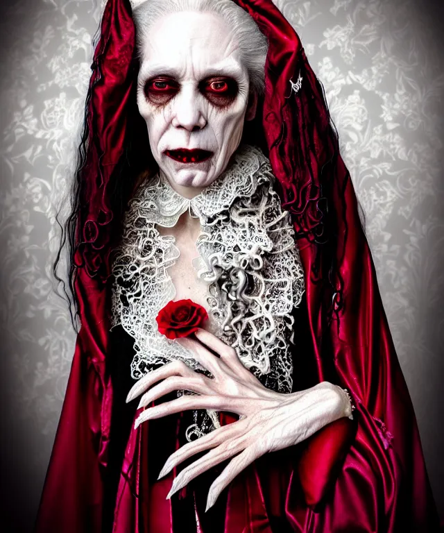 Prompt: surreal highly detailed portrait of a beautiful elder female vampire, long flowing silver hair, depressing hopeless horrific vibe, 150 mm lens, soft rim light, fine floral white lace collar, bold crimson ornate robes, pronounced facial contouring, devious evil expression displaying vampire fangs, Alexander McQueen, high fashion, haute couture, rococo, anatomical, elegant, hyper realistic, octane render, unreal engine, by Man Ray and Dora Maar, volumetric lighting, 8k, vibrant reflective metallic coloring