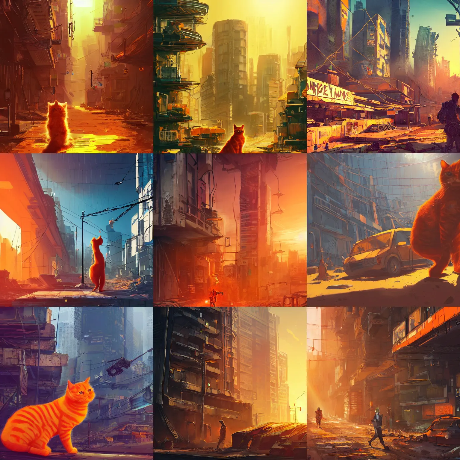 Prompt: an orange cat exploring a futuristic post apocalyptic cyberpunk city with vine wrapped buildings, long shadows, beams of sunlight, digital art, trending on artstation