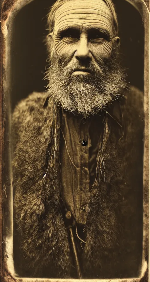 Image similar to a highly detailed digital collodion photograph, a portrait of a grizzled old woodsman