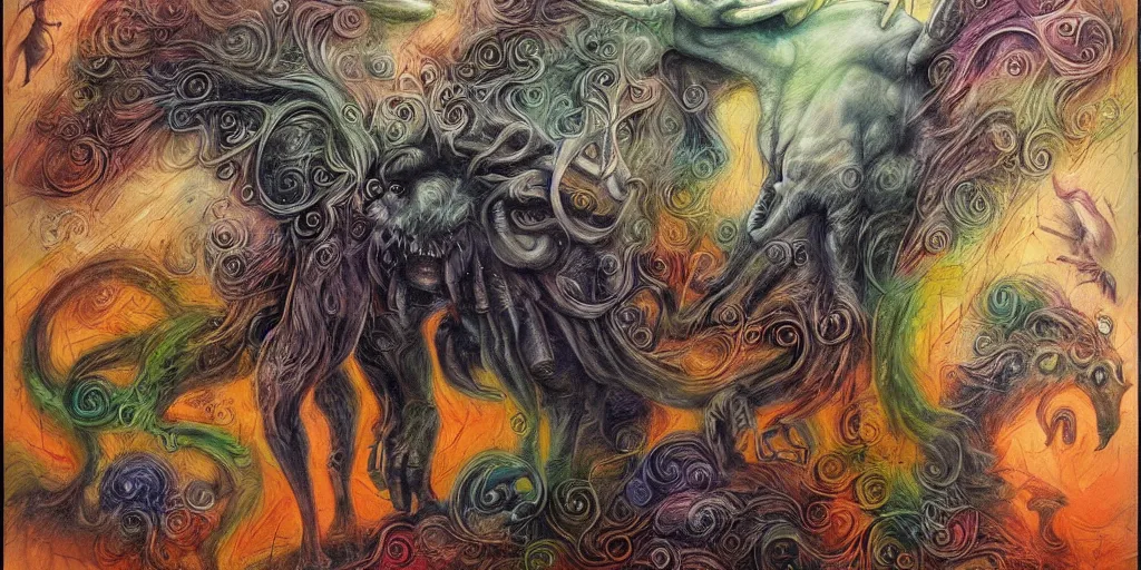 Image similar to mythical creatures and monsters in the imaginal realm of the collective unconscious, surreal mixed media painting by ronny khalil