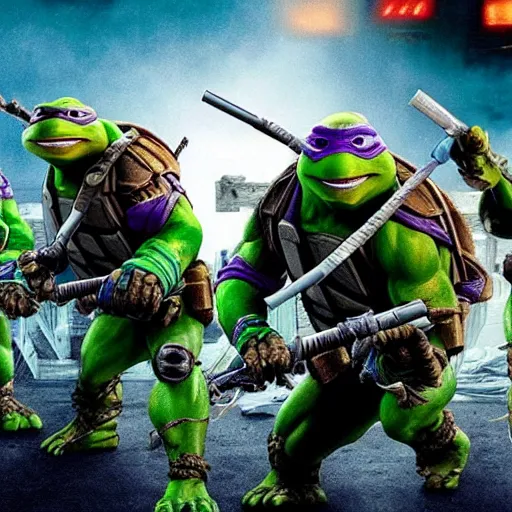 Image similar to a still of from the movie teenage mutant ninja turtles 2 : the secret of the ooze crossover with the game gears of war