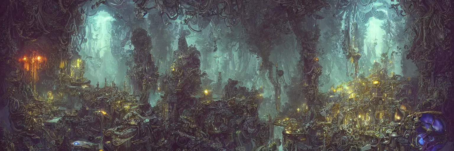 Prompt: Marc Simonetti, Mike Mignola, smooth liquid metal with detailed line work, Mandelbrot flowers and trees, Exquisite detail, blue silver purple details, hyper detailed, intricate pencil illustration, golden ratio, steampunk, smoke, neon lights, steampunk forest background, liquid polished metal, by peter mohrbacher