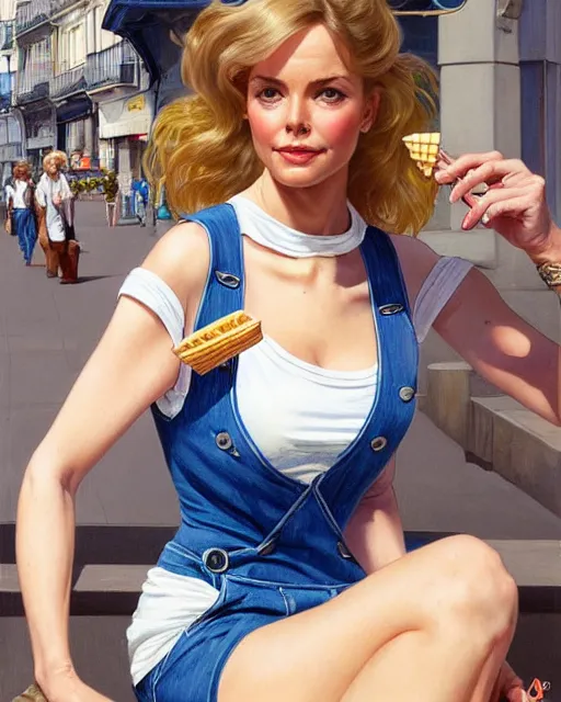 Image similar to portrait of a blonde fuller figured barbara bach from the bond film wearing blue dungarees and eating ice creams in porto, real life skin, intricate, elegant, highly detailed, artstation, concept art, smooth, sharp focus, art by artgerm and greg rutkowski and alphonse mucha