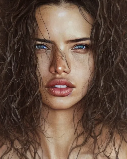 Image similar to cinematic portrait of adriana lima, intricate, elegant, by alyssa monks, highly detailed, symmetrical face, fine details, masterpiece, trending on artstation