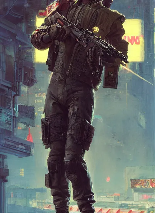 Image similar to bob stubbins. cyberpunk USN marine wearing a military vest and combat gear. (Cyberpunk 2077, bladerunner 2049, rb6s). Round face. Iranian orientalist portrait by john william waterhouse and Edwin Longsden Long and Theodore Ralli and Nasreddine Dinet, oil on canvas. Cinematic, hyper realism, realistic proportions, dramatic lighting, high detail 4k