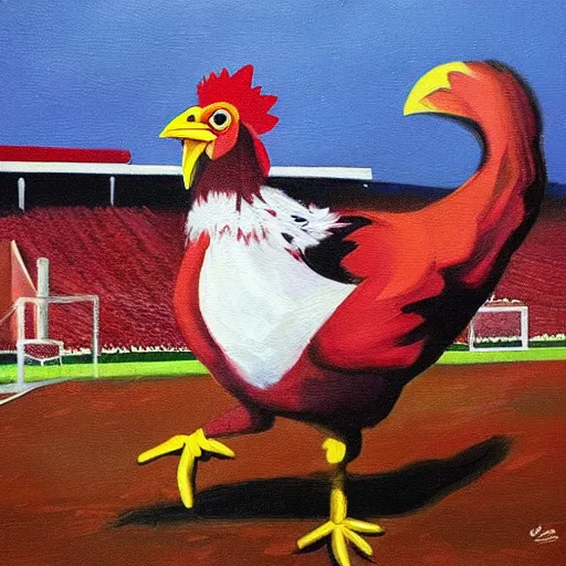 Image similar to the famous funky chicken runs across a football field, interrupting the big game, oil painting