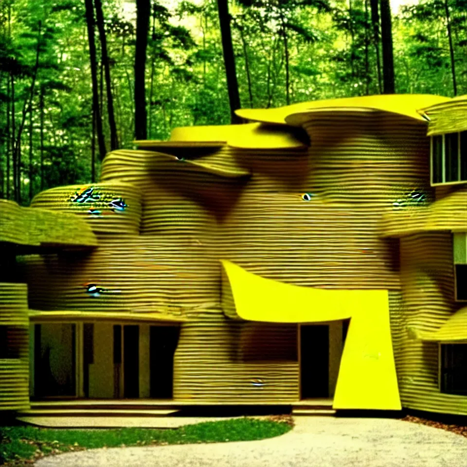 Image similar to a mid-century modern house with big tiles, from far away, in a forest, designed by Frank Gehry. Film grain, cinematic, yellow hue