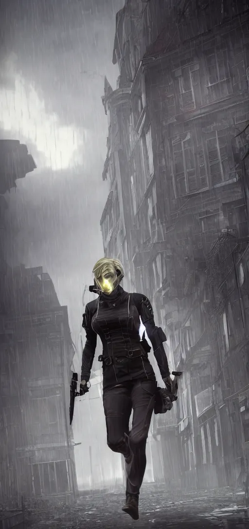 Image similar to annie leonhart in dunwall city wearing corvo attano mask and recon corps uniform running on a gothic house roof, redshift render, cinematic lighting, rainy weather, melancholy atmosphere, dunwall city, volumetric light, octane render, dishonored game, dishonored 1, gothic architecture, realistic reflections, octane render 8 k