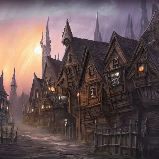 Image similar to medeival fantasy town, slight ruination, night, street blocked by wooden palisade!!, photo, artstation