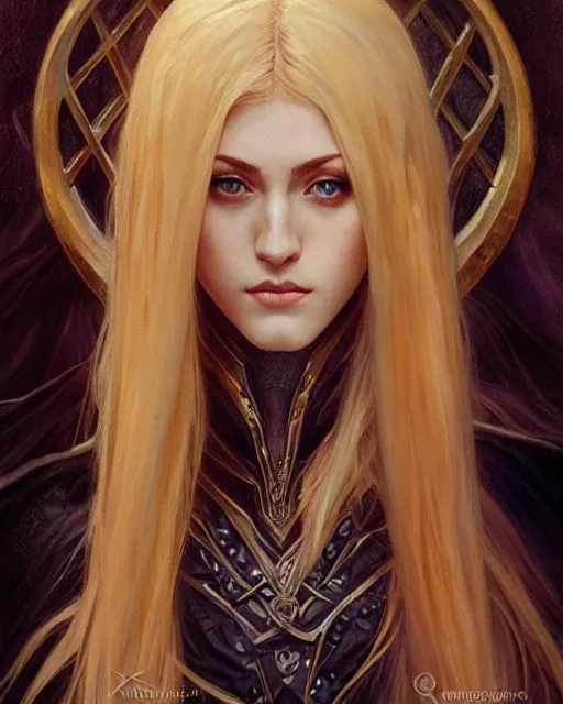 Image similar to portrait of katherine mcnamara elven mage, dark, piercing eyes, gentle expression, elegant clothing, photorealistic, highly detailed, artstation, smooth, sharp focus, art by michael whelan, artgerm, greg rutkowski and alphonse mucha