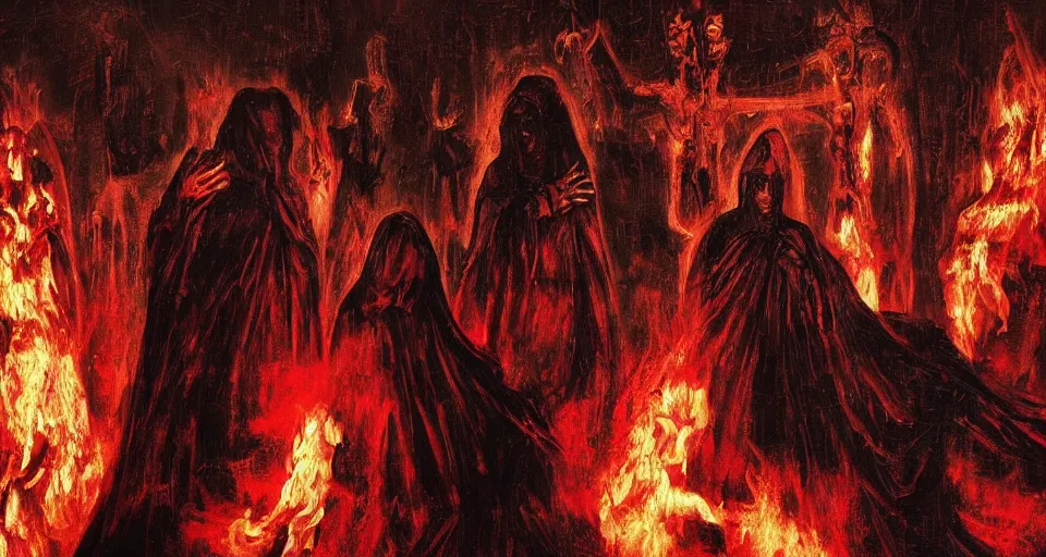 Image similar to dante's inferno painting, with people in black hooded tunic like in the film eyes wide shut of stanley kubrick, illuminati symbol, crows, skeletons, crosses, wings characters 8 k symmetrical, unreal engine, highly detailed, hd environment, maxon cinema 4 d, 8 k rendering, dark beauty, rotten gold, perfect faces