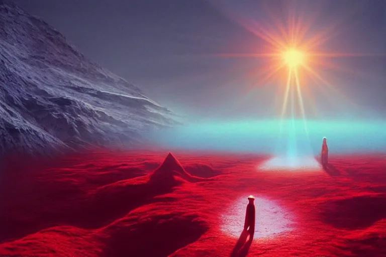 Prompt: surreal frozen landscape, winter sun, light beams, painting by beeple and zdzisław beksinski, sharp focus, red color scheme, a matte painting by li shida, cgsociety, context art, redshift, matte painting, reimagined by industrial light and magic