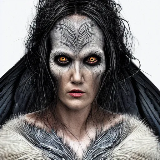 Image similar to jennifer connelly as alien bird - woman, gray skin, wearing black hooded cloak, huge wings, black feathers instead of hair, black feathers growing out of skin, bumpy skin, screaming, losing control, black feathers growing out of face, black hands with black claws, comic book, giger, mucha, trending on artstation