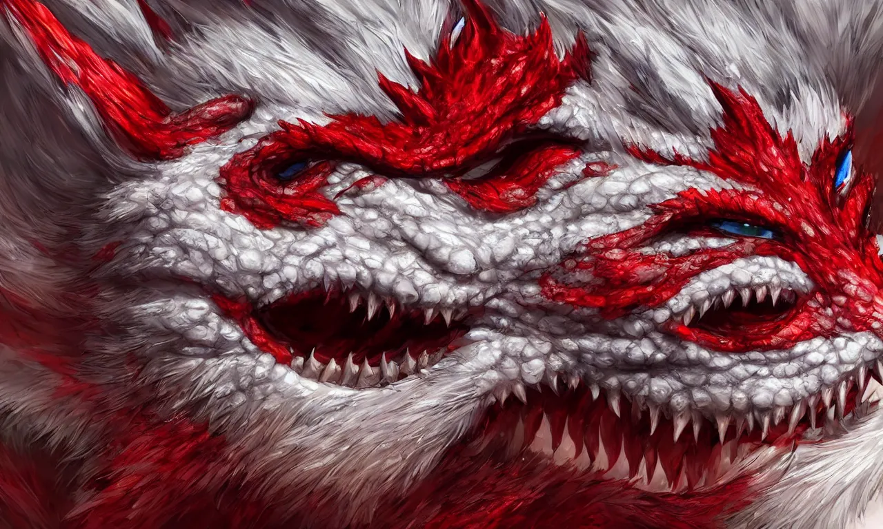Image similar to hyper - realistic render of cute chinese dragon, crimson and white colored dragon, insane details, emerald eyes, sharp focus, beautiful creature, cinematic rendering, artstation, 4 k, 8 k