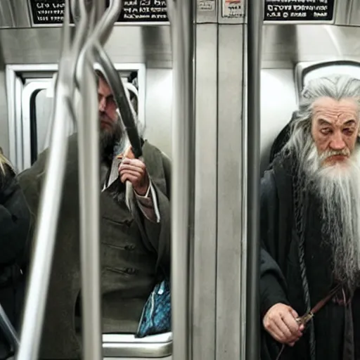 Image similar to gandalf riding the subway