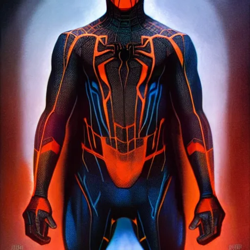 Image similar to ryan reynolds as a black and blue suit spider - man, cinematic, volumetric lighting, f 8 aperture, cinematic eastman 5 3 8 4 film, photorealistic by greg rutkowski, by stanley artgerm, by alphonse mucha