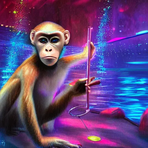 Image similar to cyberpunk excited young monkey underwater, sparkly, colorful, cyberpunk digital painting