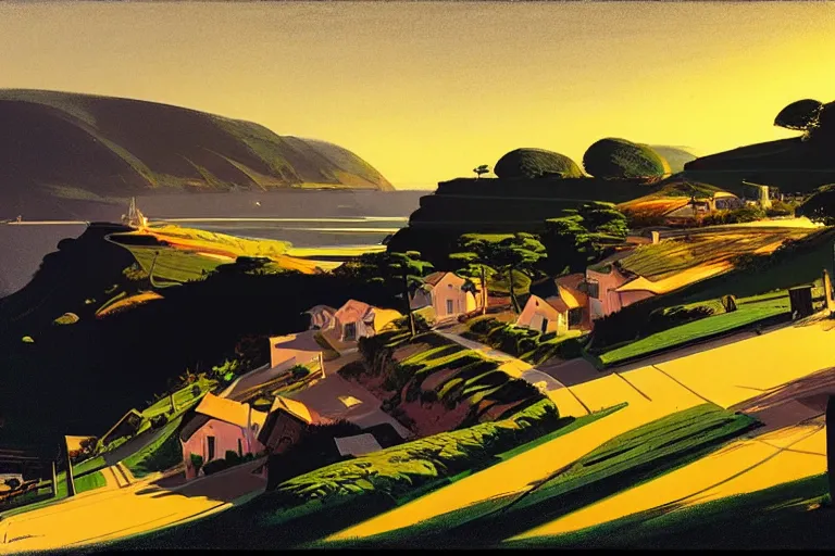 Prompt: a small village on top of a hill near the sea, painted by Syd Mead, Low key lighting, ultra detailed, 8k, fisheye