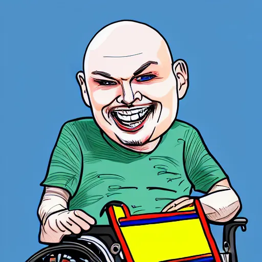 Prompt: billy corgan in an old man's wheelchair in front of an amusement park, laughing, smiling at child's photograph, realistic photo, photoshop, cartoon drawing, hand drawn, digital cartoon, caricature