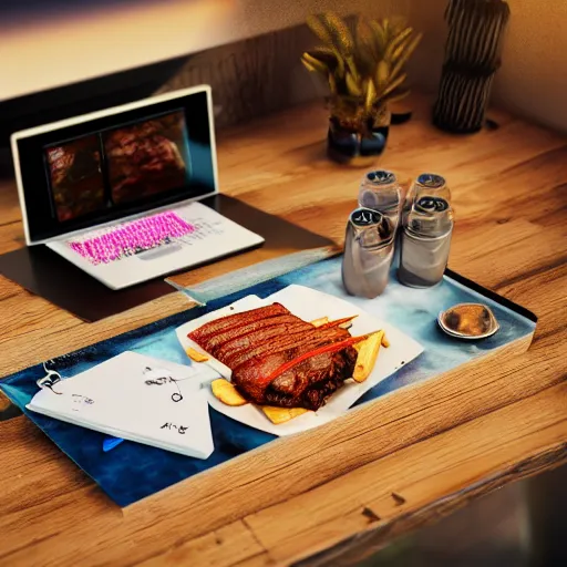 Prompt: friends have bbq eating Macbook Pros and iPad, photorealistic, 3d, Octane Render, Cinematica, perfect lightning