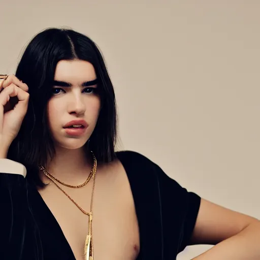 Image similar to dua lipa wearing black robe and golden necklace cinematic photoshoot high quality highly affordable photo realistic 8 k hd