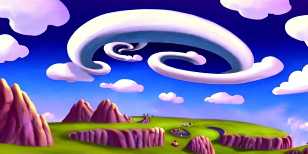 Prompt: cartoon concept art, blue sky spiral clouds, from sam and max