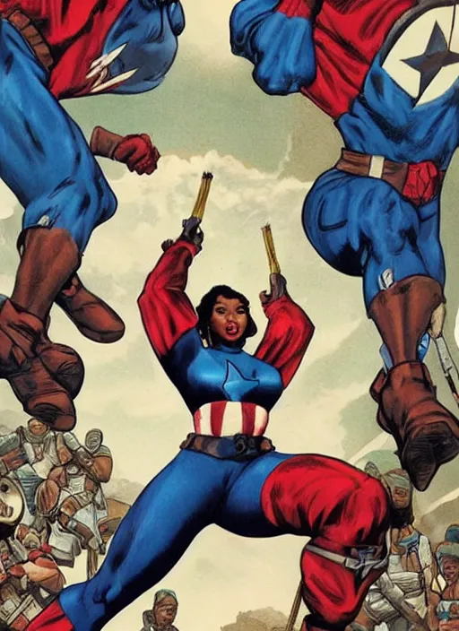 Image similar to beautiful black female captain america. afro - feminist captain america wins wwii. american wwii propaganda poster by james gurney, rob liefeld and pixar. gorgeous face. overwatch, realistic. black power