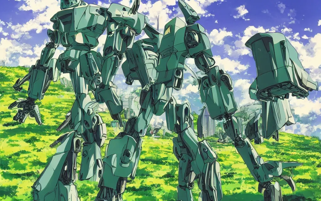 Image similar to 50ft tall mecha standing in a Blissful green field surrounded by old city ruins. 90s anime aesthetic.