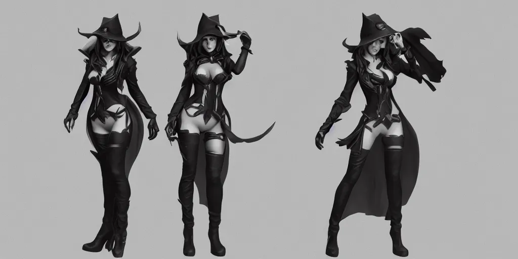 Image similar to Character sheet of coven miss fortune (League of Legends). 3d render, octane render, game art, realistic, highly detailed, trending on artstation, 4k, trending on artstation, pixar, cgsociety, unreal engine 5, redshift render, trending on artstation, blender, behance, cg