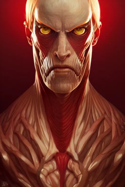 Prompt: a portrait of colossal titan, fantasy, sharp focus, intricate, elegant, digital painting, artstation, matte, highly detailed, concept art, illustration, ambient lighting, art by ilya kuvshinov, artgerm, alphonse mucha, and greg rutkowski