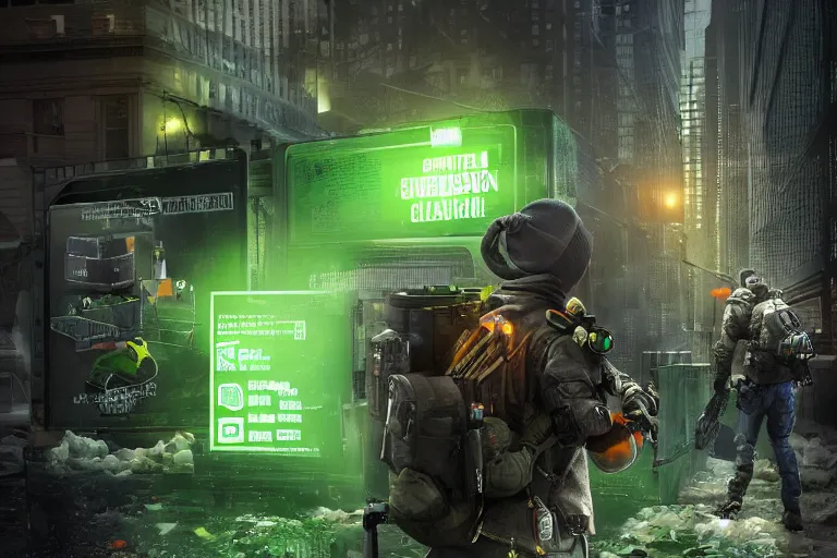 Prompt: agents from (Tom Clancy's The Division) are recovering a glowing green container, high detail, digital art, by Tom Garden