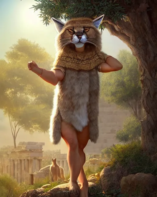 Image similar to fullbody photo of humanoid cute fluffy caracal dressed in toga, sun behind him, ancient greek city, sunny day, by ilya kuvshinov, rtx rendering, octane render 1 2 8 k, maya, extreme high intricate details by tom bagshaw, medium shot, composition by sana takeda, lighting by greg rutkowski