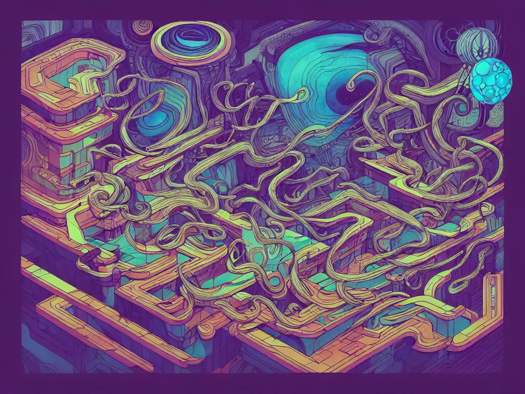 Image similar to arcane twisted turn of fate abstraction, centered award winning ink pen illustration, isometric abstract illustration by dan mumford, edited by craola, technical drawing by beeple and tooth wu, tiny details by artgerm and watercolor girl, symmetrically isometrically centered