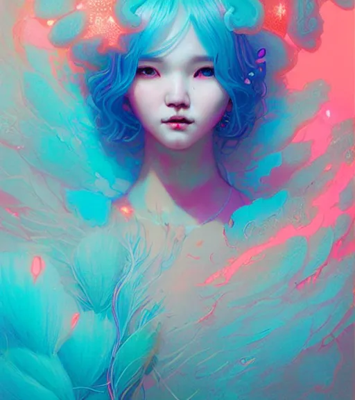 Prompt: harmony of neon glowing coral, ( cyan hair mermaid yoongi portrait ) by wlop, james jean, victo ngai, muted colors, highly detailed, fantasy art by craig mullins, thomas kinkade,