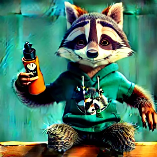 Prompt: a very relaxed stoner with a black hoodie on with a furry raccoon head from zootopia, wearing teal beanie, holding a small vape, blowing out smoke, 3 d render, 8 k, extremely detailed fur, wearing a cool marijuana t - shirt