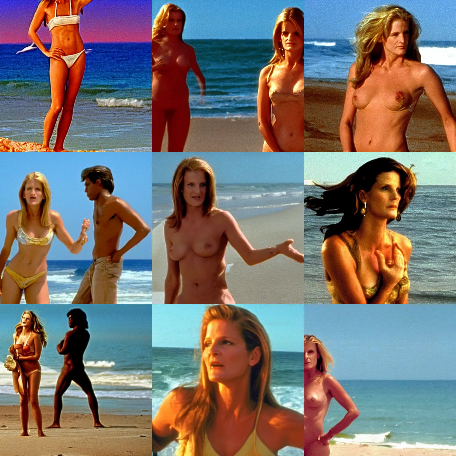 Prompt: Scene from Jackie Brown with Bridget Fonda in the style of the Birth of Venus. Bridget Fonda is standing on a shell in front of the sea.