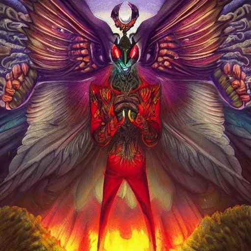 Image similar to A centered chest up portrait of a psychedelic godlike mothman with giant mandala wings smoking a hand-rolled cigarette smoking heavily , magic mushroom village in background , award winning. superb resolution. in the art style of junji Ito and greg rutkowski . Detailed Mushroom city in background. Hyper realistic anime. Perfect art. Dalle2