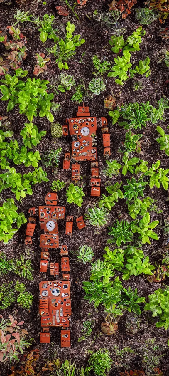 Prompt: award winning photo of modern robot body rusty and filled with plants, stunning, 4 k, detailed, top - down, realistic
