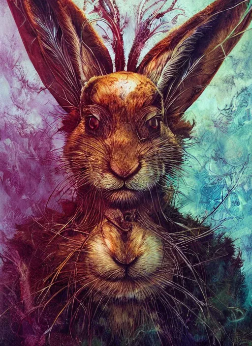 Prompt: the march hare, highly detailed, cinematic, 8 k, by megan duncanson, benjamin lacombe, adrian borda, stanley artgermm, tom bagshaw, craig mullins, carne griffiths, ayami kojima, beksinski, giger, trending on deviantart, hyper detailed, horror, full of colour