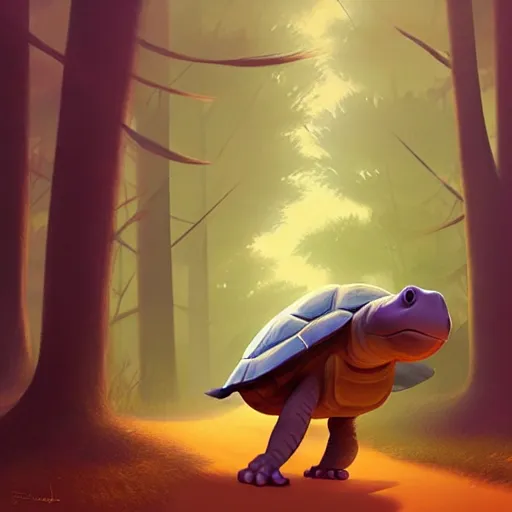 Image similar to Goro Fujita a portrait of an anthropomorphic A tortoise walking through the forest, painting by Goro Fujita, ArtStation