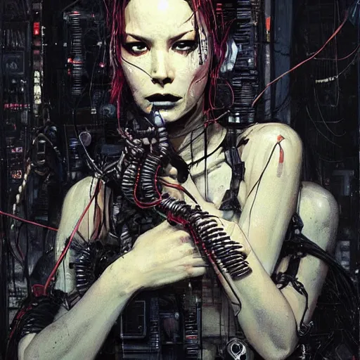 Image similar to olivia munn as a cyberpunk noir detective, skulls, wires cybernetic implants, machine noir grimcore, in the style of adrian ghenie esao andrews jenny saville surrealism dark art by james jean takato yamamoto and by ashley wood and mike mignola