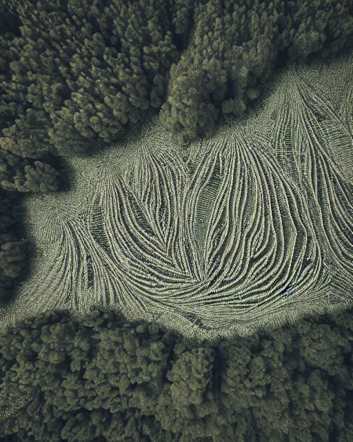 Image similar to alpine landscape, made of intricate decorative lace leaf skeleton, shot from a drone, in the style of the dutch masters and gregory crewdson, dark and moody