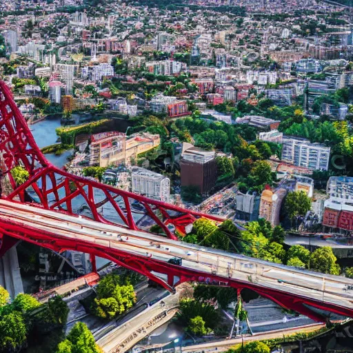 Prompt: a large red bridge connecting two large cities, 8k photo