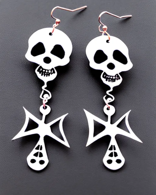 Image similar to spooky cartoon skull, 2 d lasercut earrings, in the style of moebius