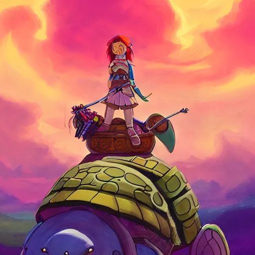 Image similar to portrait of a little warrior girl character riding on top of a giant armored turtle in the desert, studio ghibli epic character, bright colors, diffuse light, dramatic landscape, fantasy illustration