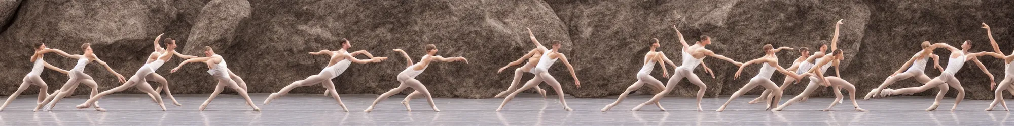 Prompt: a horde of sisyphusses pushing a massively gigantic mega huge boulder through an empty space, white background, ballet performance photography