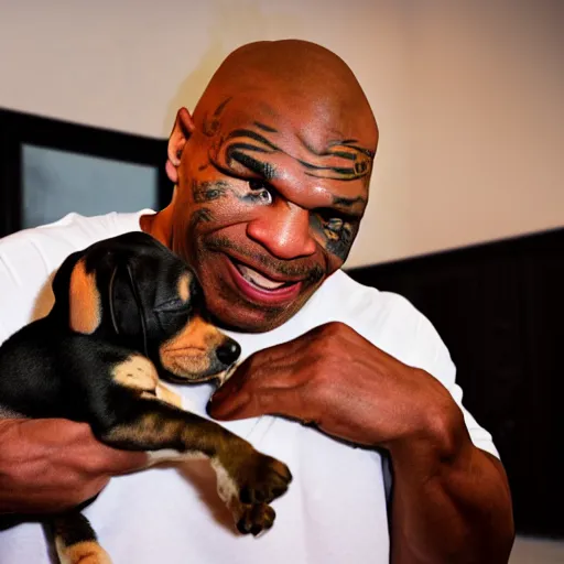 Prompt: 15mm wide shot of mike tyson holding a puppy