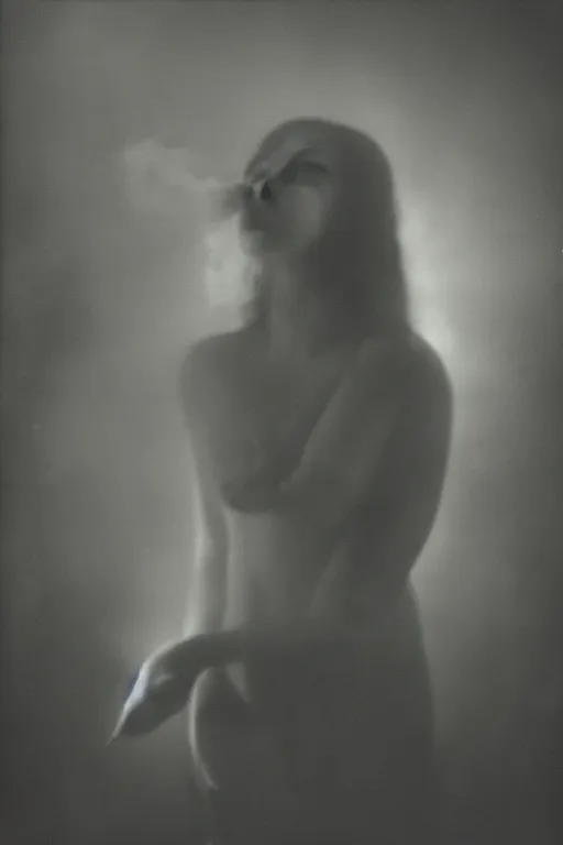 Image similar to mysterious scene of a woman enraged // detailed smoke, natural soft pale skin, innocence, sophisticated hands // noir, german expressionism, 20 century photography // old 35mm double-exposure photo, award-winning photography, grainy, cinematic, atmospheric, high contrasted // eerie, sophisticated and unsearchable masterpiece, deep shadows, balanced composition // depth of field, ambient occlusion, motion blur, HD, intricate details, sharp focus, natural textures, long exposure