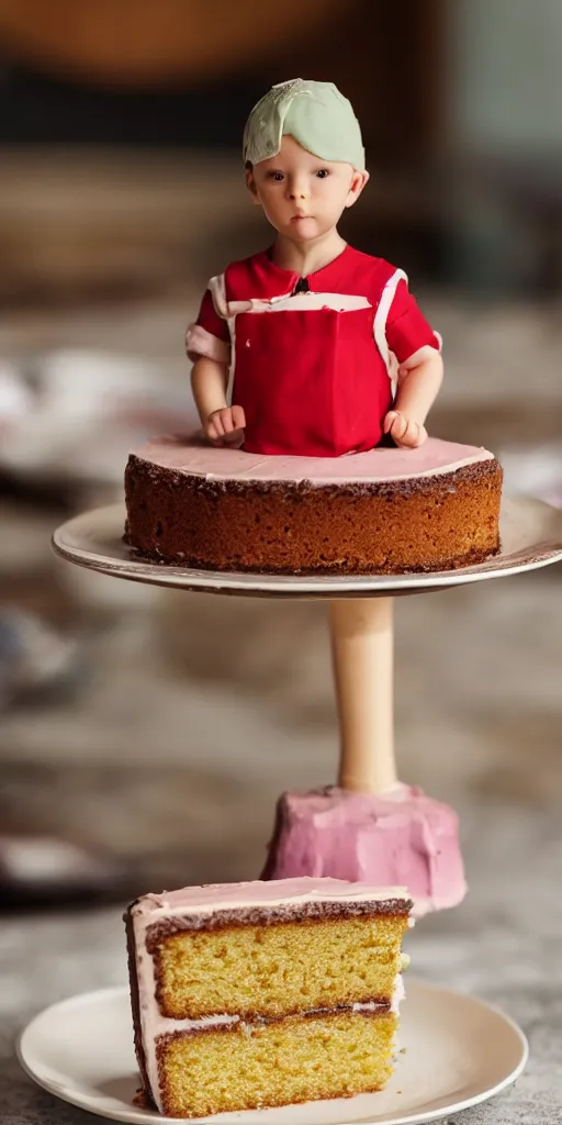 Prompt: large slices of delicious cake on a plate, miniature person standing beside