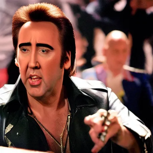 Image similar to nicolas cage as elvis presley playing the guitar over a poker table